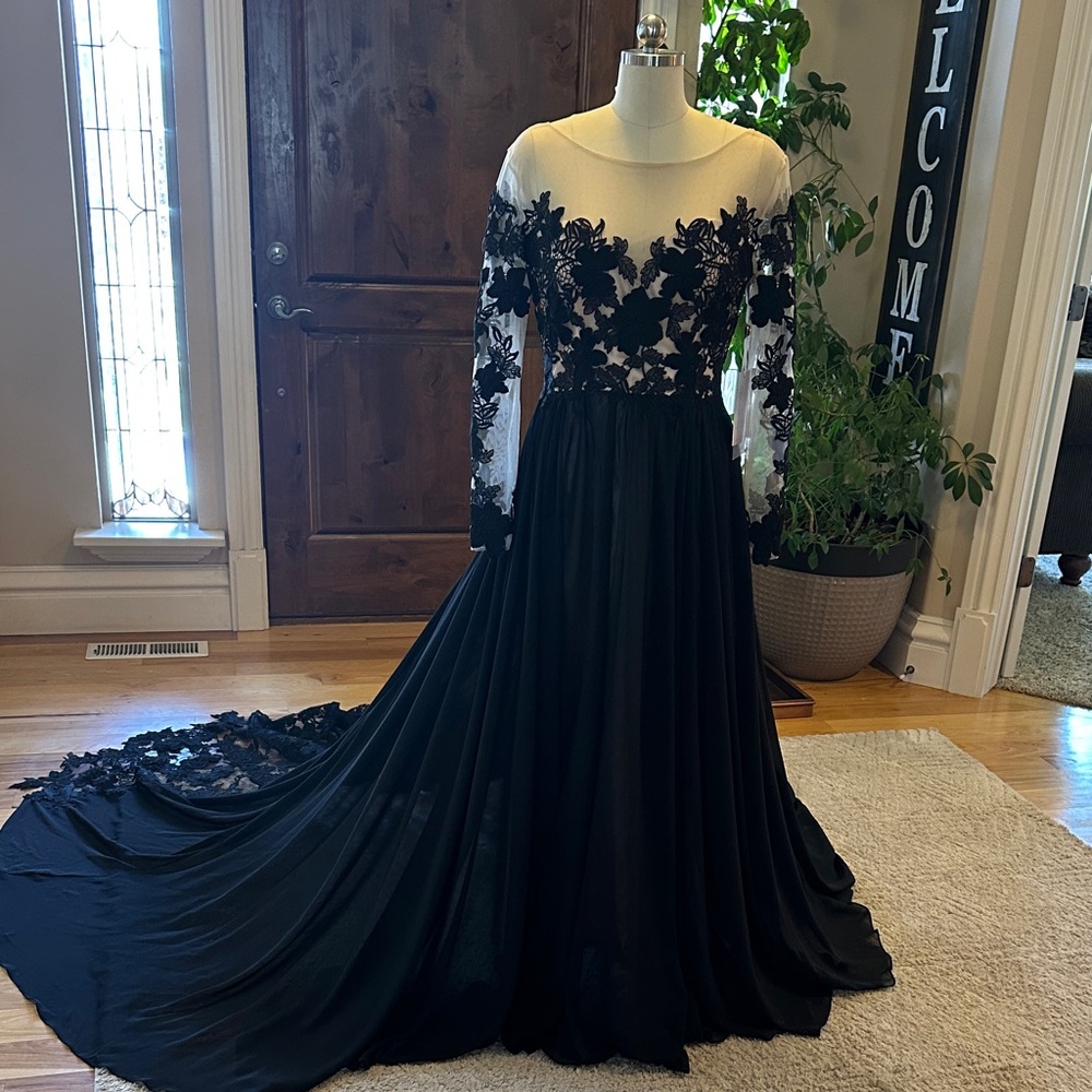 Elegant Black and Nude Lace and Chiffon Gown